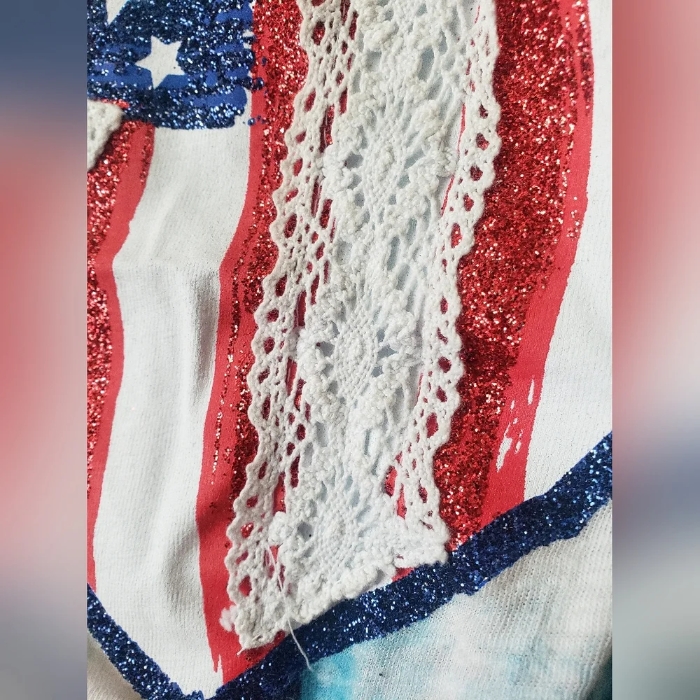 Girls Justice Patriotic Tie Dye Heart Flag Sequin Top Crochet Lace 7